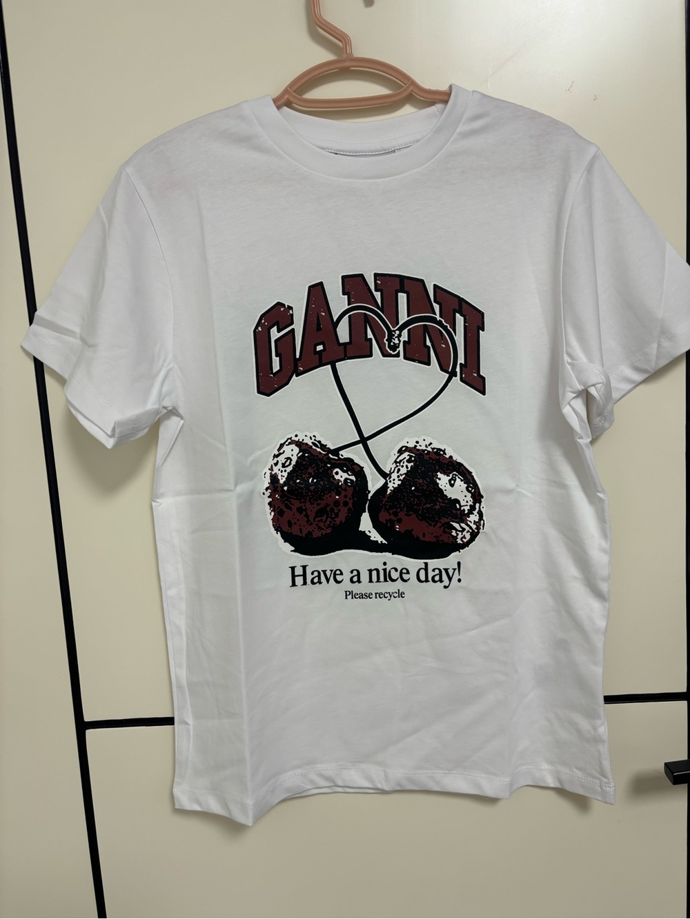 Ganni White Tee with Maroon Graphic Cherries